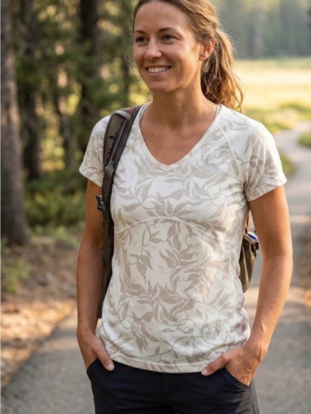 The North Face Women's Light Beige Floral V-Neck Short Sleeve Tee